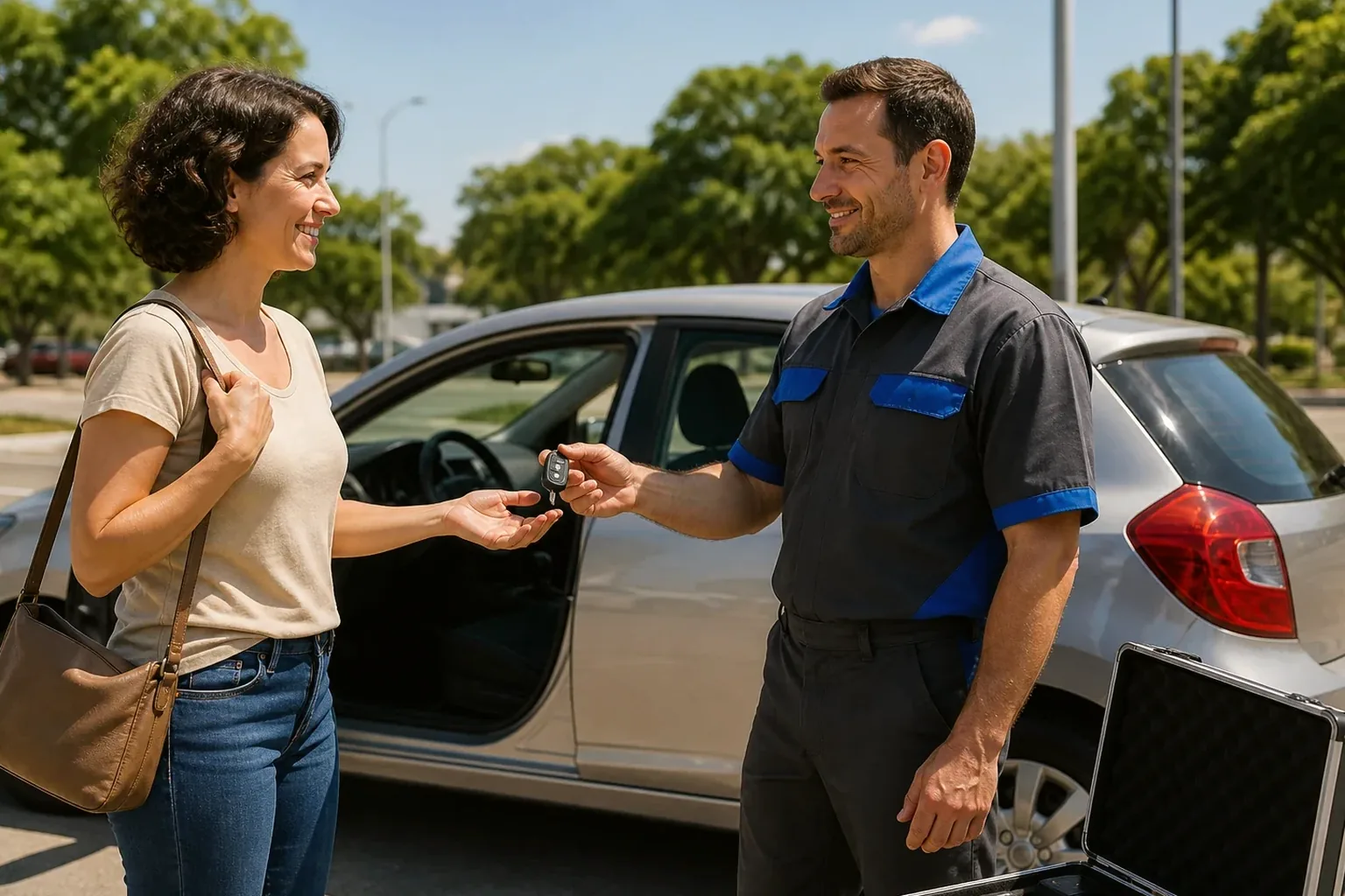 Chaveiro abrindo um carro em Itajaí com equipamento especializado.