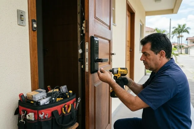 Fechadura digital instalada em uma porta em Itajaí.